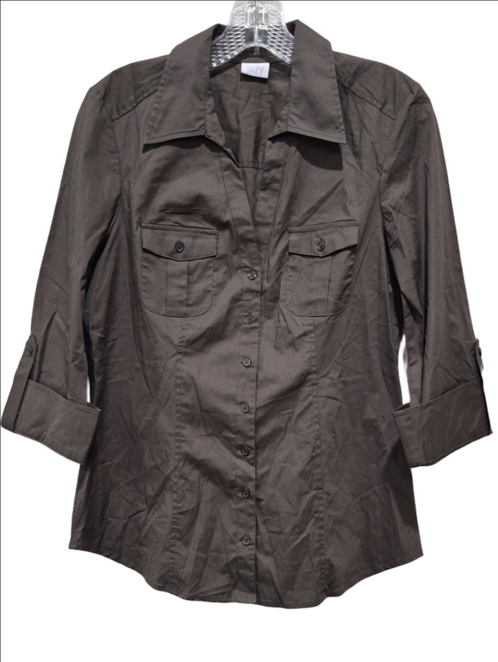 Suzy Shier Dark Olive Green Utility Button Front Blouse Shirt- Size M